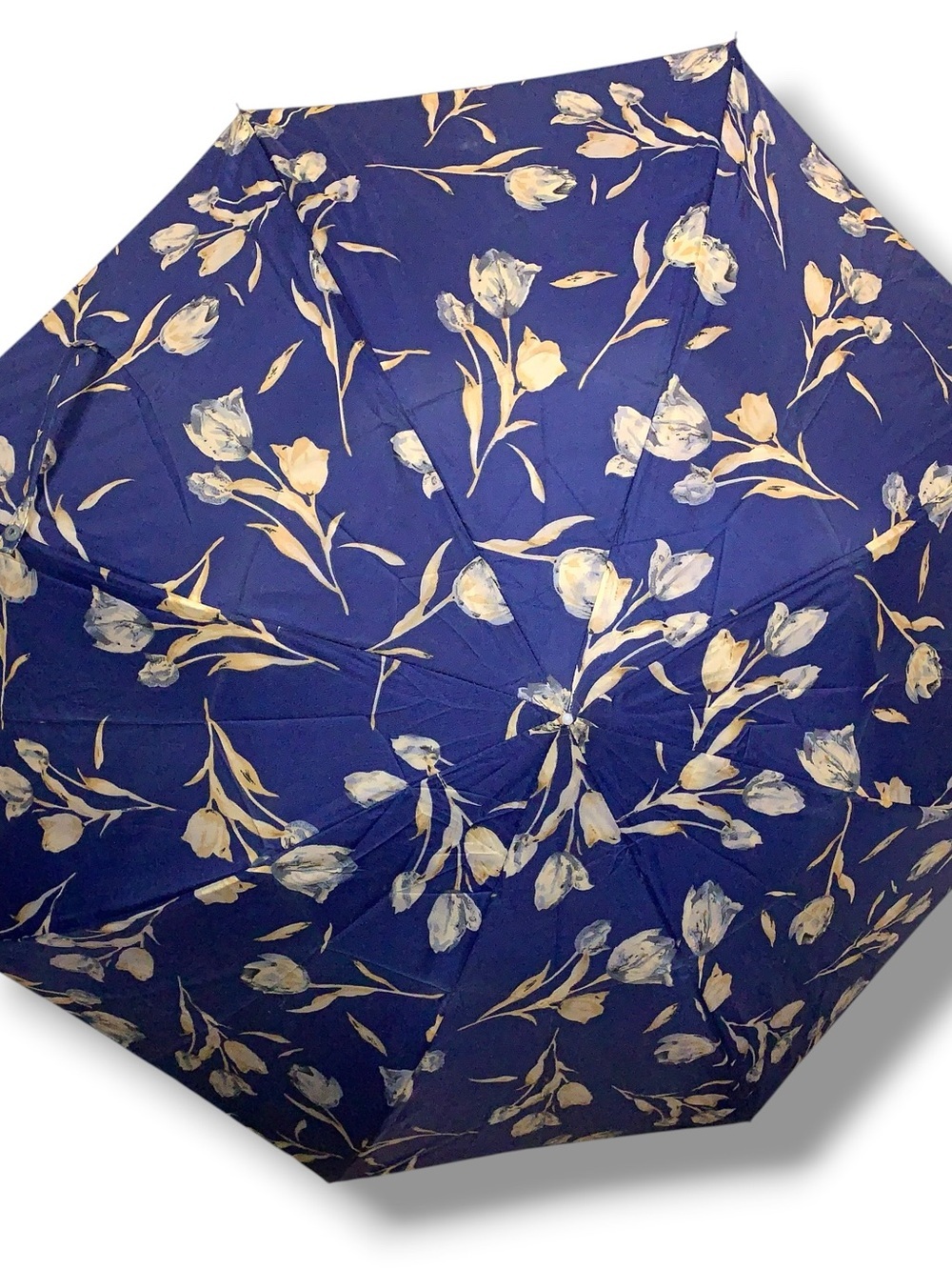 Vintage Umbrella Navy Blue Yellow Floral Print Standard Size Retro Push Open